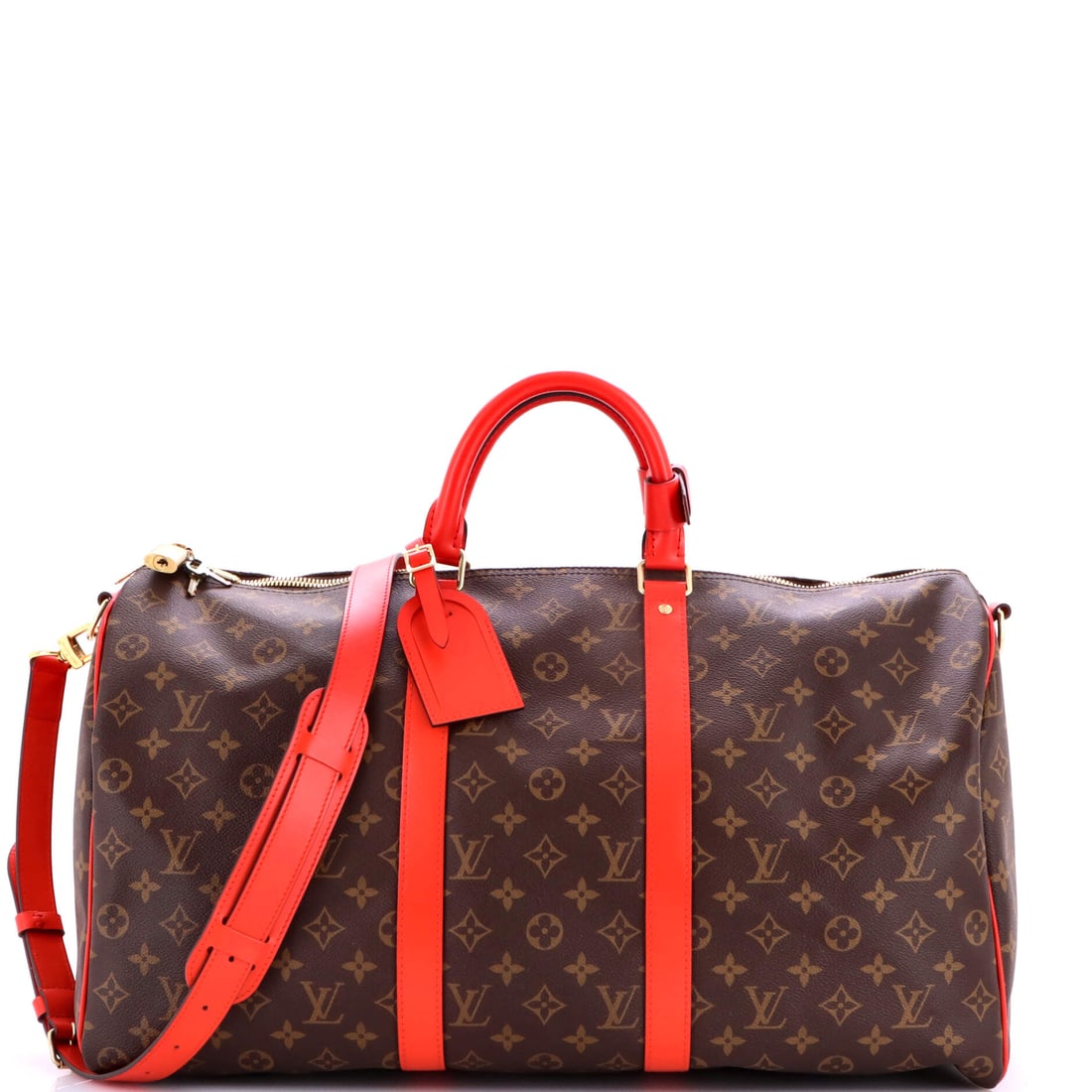 Louis Vuitton Keepall Bandouliere Bag Monogram Canvas with Coquelicot Leather Trim 50 Brown, Red: Louis Vuitton's Keepall Bandouliere Bag with Coquelicot Trim in brown and red Monogram canvas. The monogram canvas carries Louis Vuitton's most recognizable house pattern. Catalogued in the 50 size. S