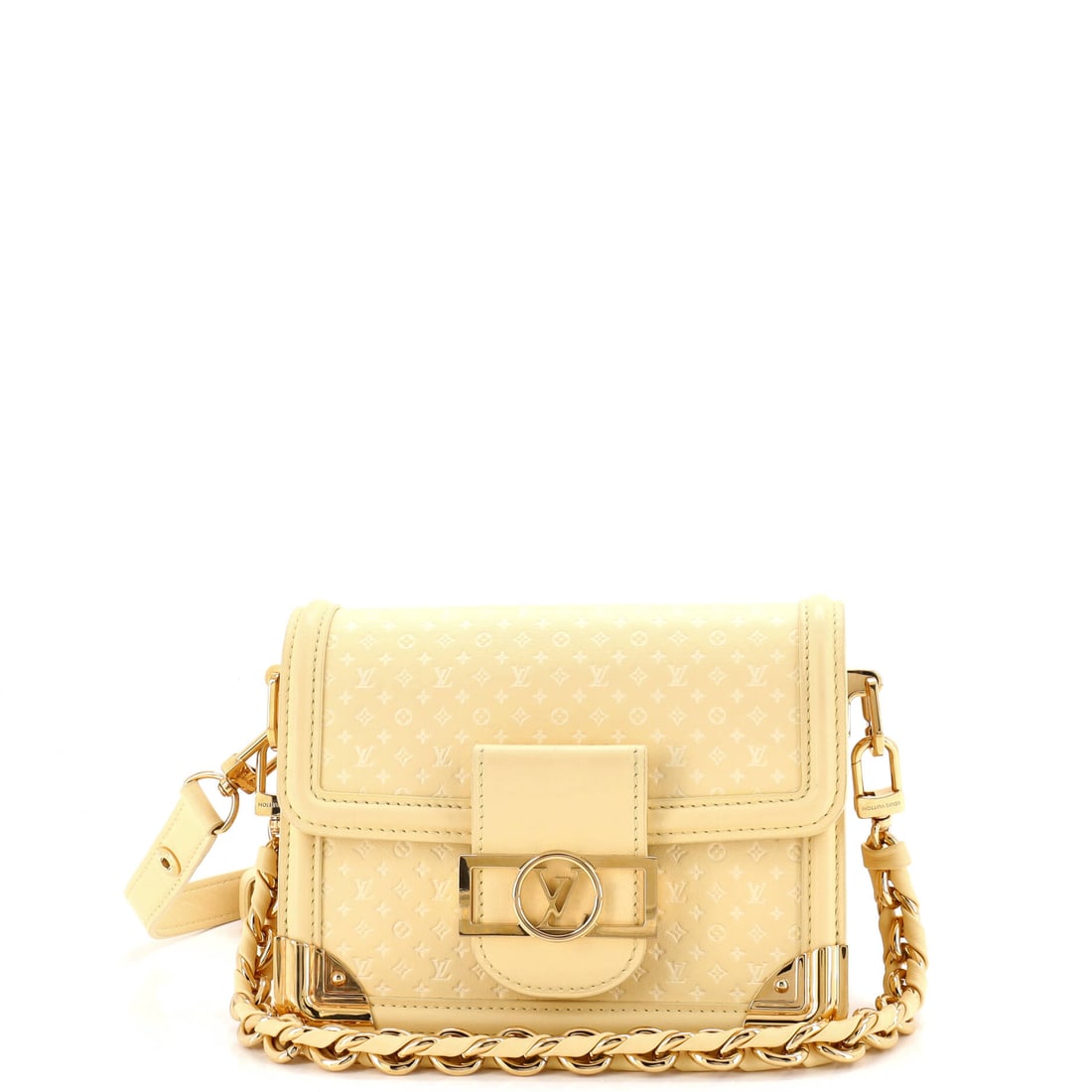Louis Vuitton Dauphine Shoulder Bag Nanogram Embossed Leather Mini Yellow: From Louis Vuitton, the Dauphine Shoulder Bag Nanogram in yellow leather. Offered in the Mini size. It measures approximately 6 x 8 x 3.5 inches. Structured enough to anchor a wardrobe yet versatile a