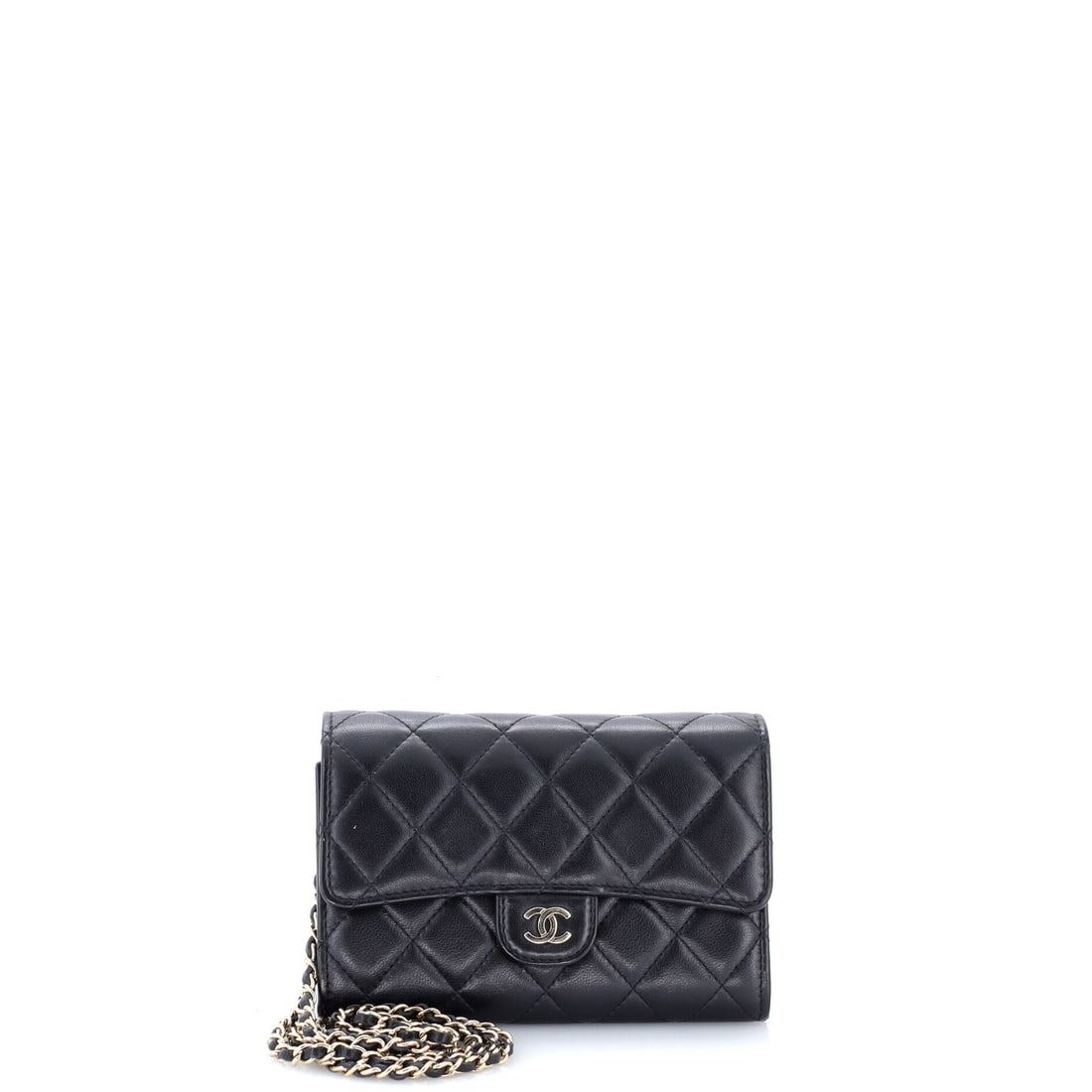 Chanel Classic Flap Wallet Crossbody Bag Quilted Lambskin Mini Black: The Chanel Classic Flap Wallet Crossbody Bag in black quilted lambskin leather. Lambskin gives the piece a soft, supple hand characteristic of the house's quilting. Offered in the Mini size. Scale run