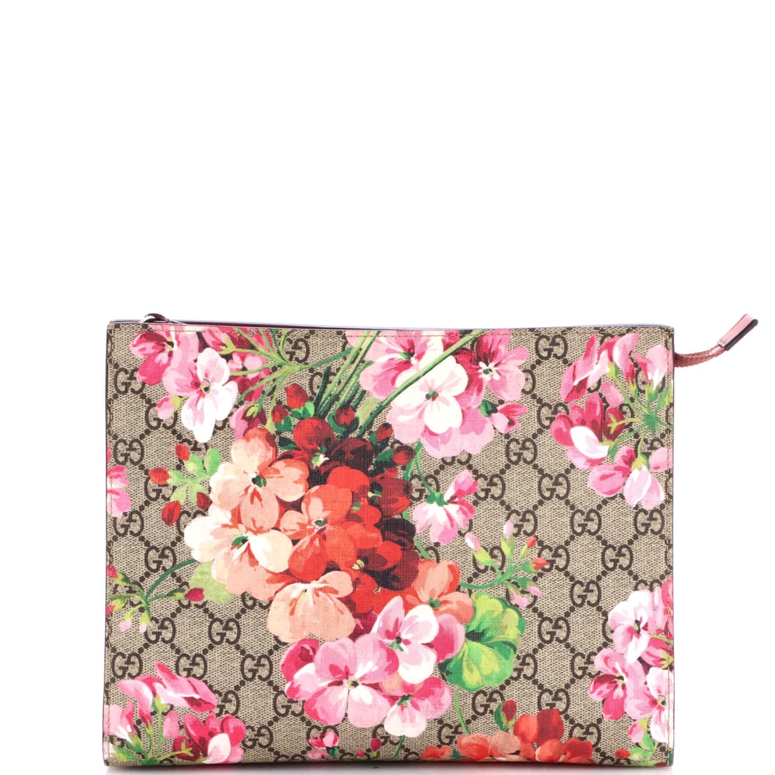 Gucci Toiletry Pouch Blooms Print GG Coated Canvas Large Brown, Pink, Print: The Gucci Toiletry Pouch Blooms GG in print, brown, and pink coated canvas. It is presented in the Large size. It measures approximately 8 x 10 x 2.5 inches. A practical scale paired with a familiar h