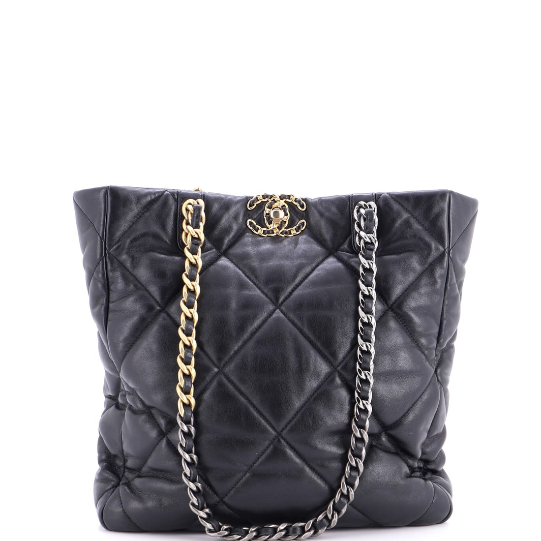Chanel 19 Shopping Bag Quilted Leather Medium Black: From Chanel, the Shopping Bag in black quilted leather. Offered in the Medium size. The piece measures roughly 11 x 11 x 3 inches. Its proportions and house identity make it an approachable lot for bo