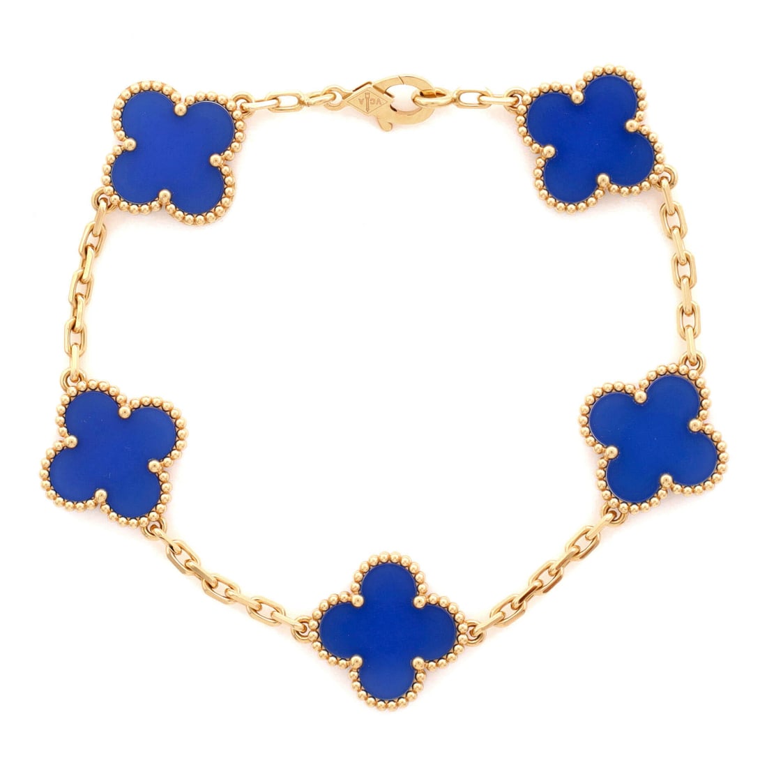 Van Cleef & Arpels Vintage Alhambra 5 Motifs Bracelet 18K Yellow Gold and Agate Yellow Gold: Van Cleef & Arpels's Vintage Alhambra Motifs Bracelet and Agate, worked in 18K Yellow Gold. The Vintage Alhambra line carries clear house identity and ready bidder recognition. Refer to the catalog fo