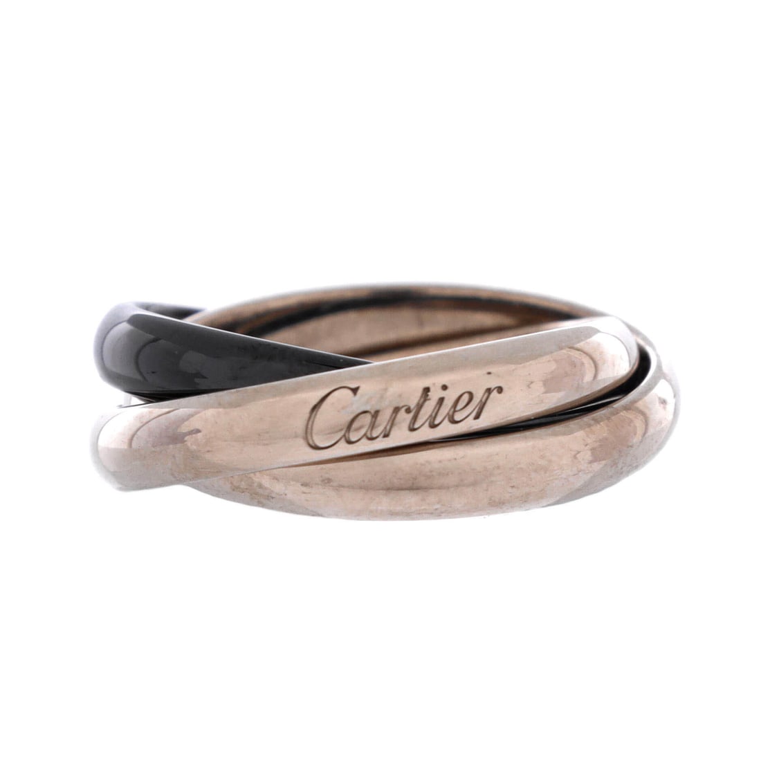 Cartier Trinity Ring 18K White Gold and Ceramic White Gold: Cartier's Trinity Ring, worked in 18K White Gold. The Trinity line carries clear house identity and ready bidder recognition. Bidders should reference the catalog for the stated ring size. The 18K Whi