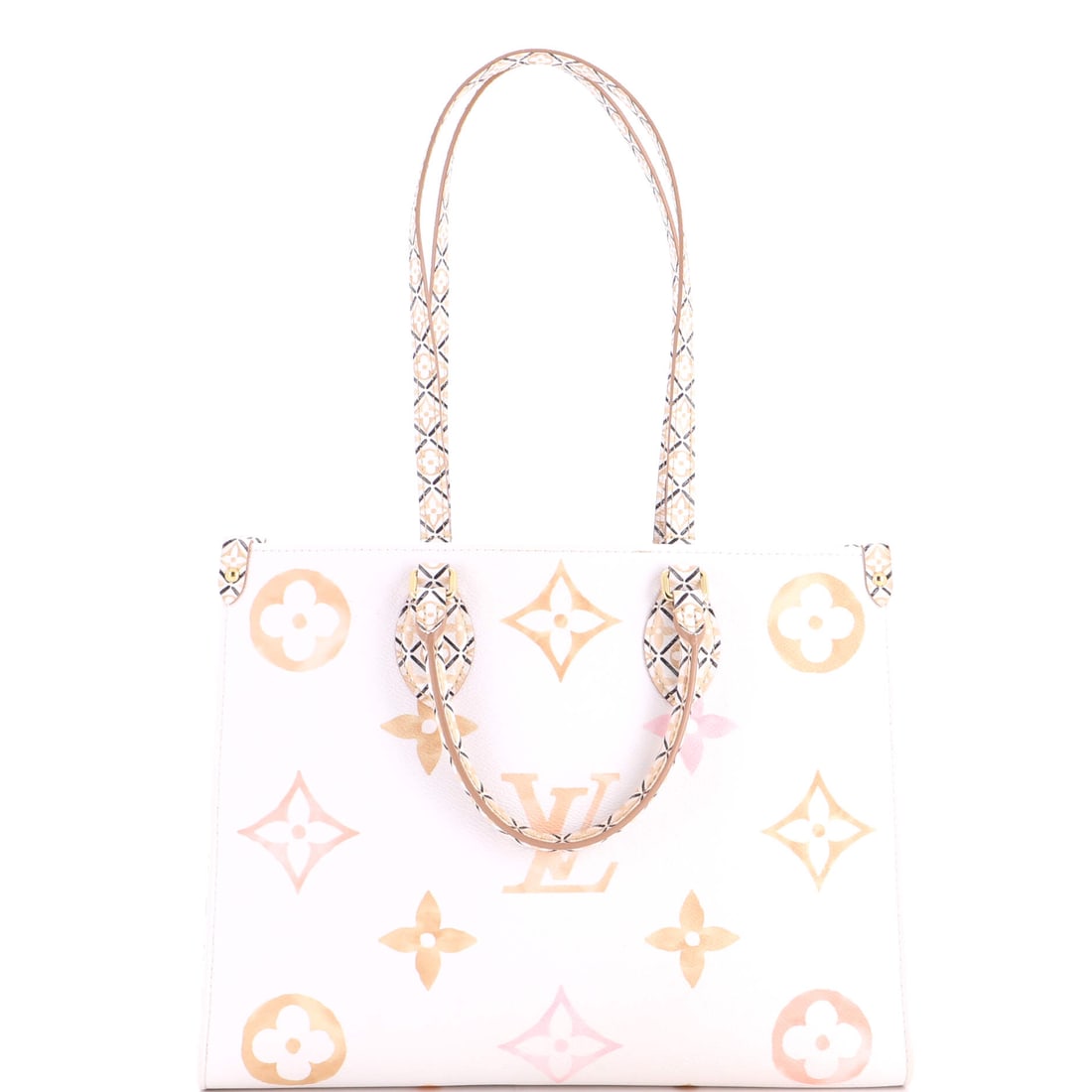 Louis Vuitton OnTheGo Tote By The Pool Monogram Watercolor Giant MM Print, White: From Louis Vuitton, the OnTheGo Tote By The Pool Watercolor Giant in print and white Monogram canvas. The monogram canvas carries Louis Vuitton's most recognizable house pattern. Maison de Beaubigonne