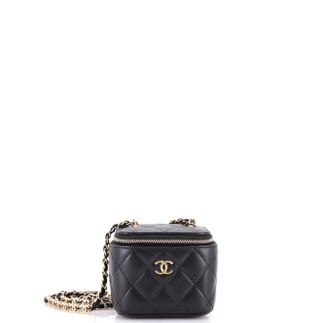 Chanel Tiny CC Link Vanity Case with Chain Quilted Caviar Mini Black: Chanel's Tiny CC Link Vanity Case with Chain in black quilted caviar leather. Chanel's caviar leather is prized for its pebbled, hard-wearing grain. This is the Mini format. Scale runs to about 3.5 x 