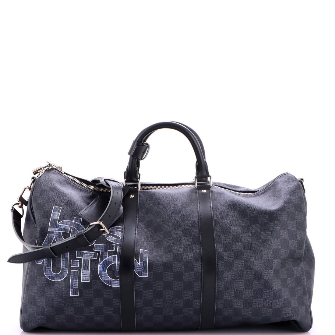 Louis Vuitton Keepall Bandouliere Bag Limited Edition Interlinked Logo Damier Graphite 50 Black, Pri: A Louis Vuitton Keepall Bandouliere Bag Limited Edition Interlinked Logo Graphite Pri in black Damier canvas. The Damier check is one of Louis Vuitton's enduring house patterns. Catalogued in the 50 s