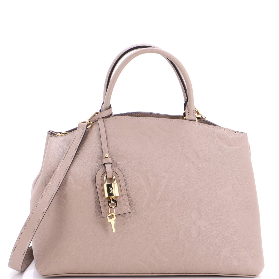 Louis Vuitton Grand Palais Handbag Monogram Empreinte Giant Neutral: Louis Vuitton Palais Handbag Giant in neutral Empreinte leather and Monogram canvas. The monogram canvas carries Louis Vuitton's most recognizable house pattern. This is the Grand format. It measures 