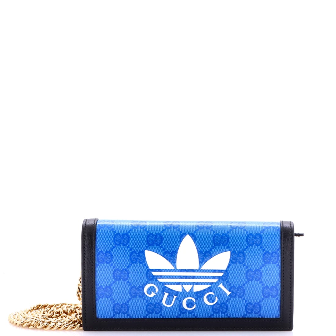 Gucci x adidas Wallet on Chain GG Coated Canvas Black, Blue: From Gucci, the x adidas Wallet on Chain GG in black and blue coated canvas. Scale runs to about 4 x 7.5 x 1.5 inches. Slim and practical, the piece carries the maker's signatures in a wearable, daily
