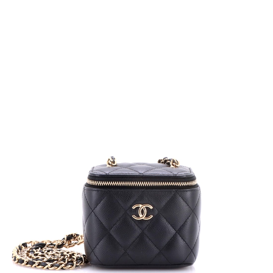 Chanel Tiny CC Link Vanity Case with Chain Quilted Caviar Mini Black: Chanel Tiny CC Link Vanity Case with Chain in black quilted caviar leather. Chanel's caviar leather is prized for its pebbled, hard-wearing grain. It is presented in the Mini size. Scale runs to about