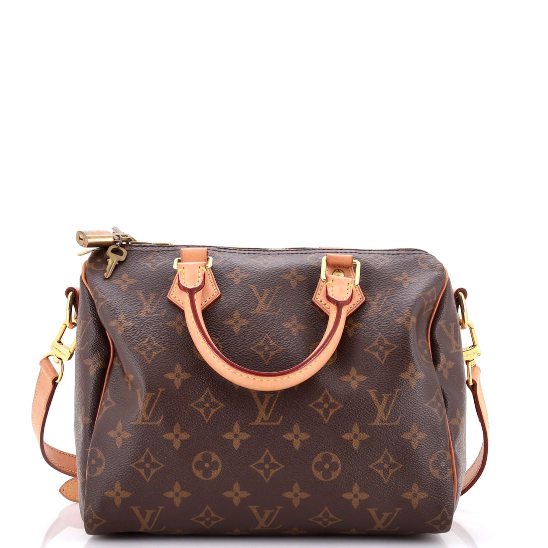 Louis Vuitton Speedy Bandouliere Bag Monogram Canvas 25 Brown: From Louis Vuitton, the Speedy Bandouliere Bag in brown Monogram canvas. The monogram canvas carries Louis Vuitton's most recognizable house pattern. Catalogued in the 25 size. It measures approximate
