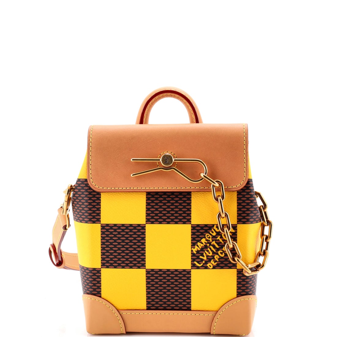 Louis Vuitton Steamer Bag Damier Pop Nano Yellow: Louis Vuitton's Steamer Bag Pop in yellow Damier canvas. The Damier check is one of Louis Vuitton's enduring house patterns. It is presented in the Nano size. It measures approximately 7 x 6 x 2.5 inc