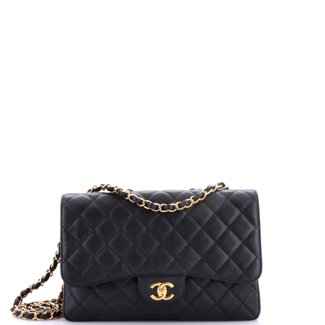 Chanel Classic Double Flap Bag Quilted Caviar Jumbo Black: Chanel Classic Double Flap Bag in black quilted caviar leather. Chanel's caviar leather is prized for its pebbled, hard-wearing grain. Offered in the Jumbo size. It measures approximately 8 x 12 x 3 i