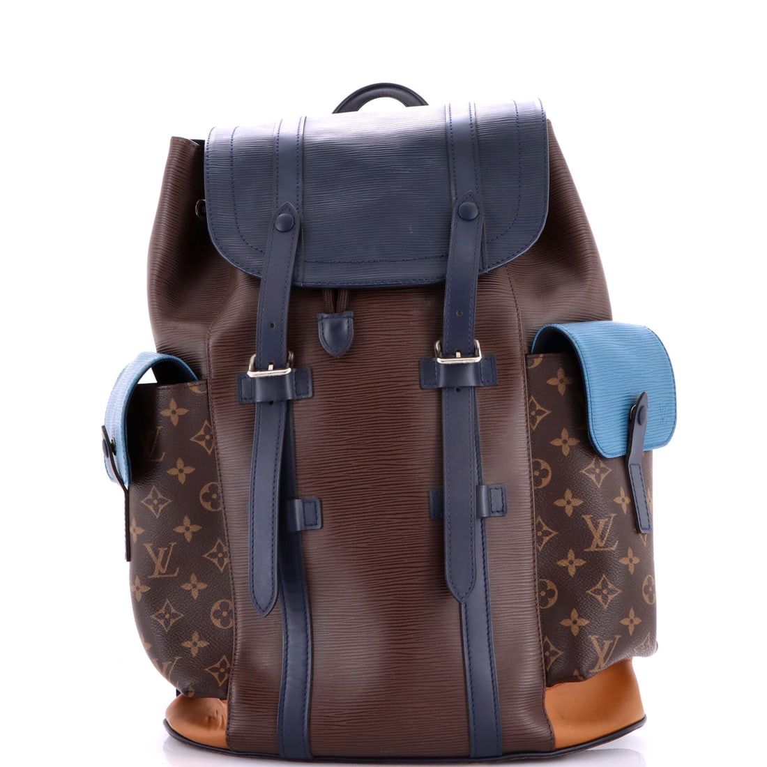 Louis Vuitton Christopher Backpack Epi Leather with Monogram Canvas PM Blue, Brown: From Louis Vuitton, the Christopher Backpack in blue and brown Epi leather and Monogram canvas. The monogram canvas carries Louis Vuitton's most recognizable house pattern. This is the PM format. It m