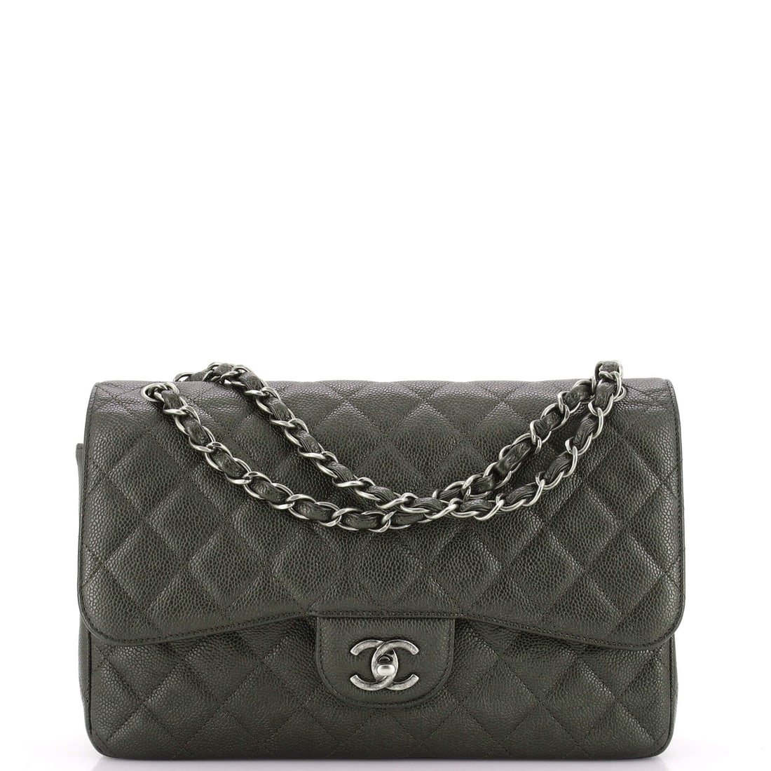Chanel Classic Double Flap Bag Quilted Caviar Jumbo Green, Metallic (1 of 6)