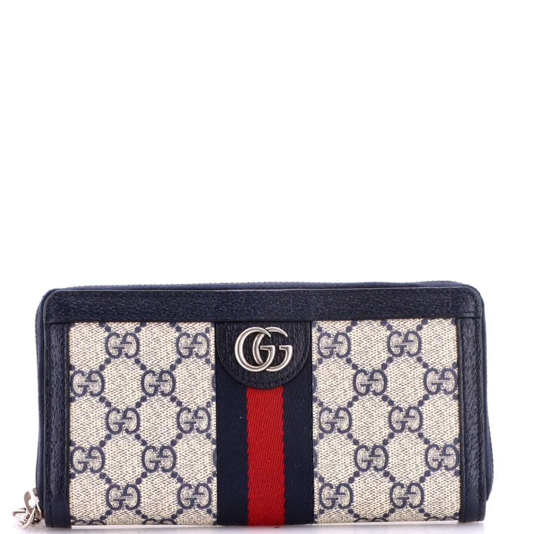 Gucci Ophidia Zip Around Wallet GG Coated Canvas Blue, Brown: Gucci's Ophidia Zip Around Wallet GG in blue and brown coated canvas. It measures approximately 4.5 x 7.5 x 1 inches. A small-format piece with clear house identity, easy to place in a working collect