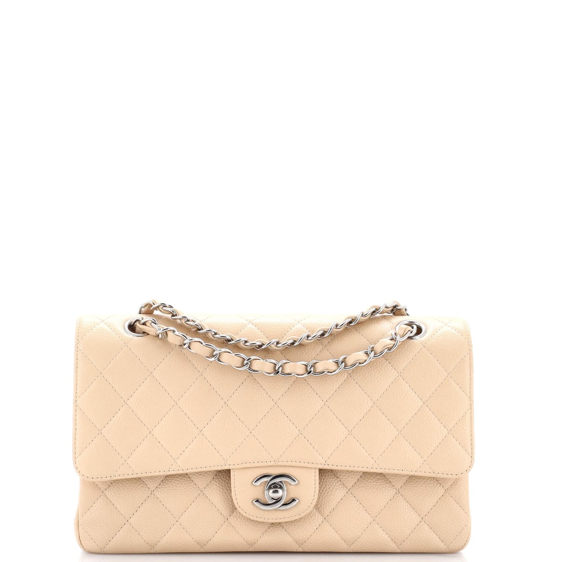 Chanel Classic Double Flap Bag Quilted Caviar Medium Neutral: Chanel's Classic Double Flap Bag in neutral quilted caviar leather. Chanel's caviar leather is prized for its pebbled, hard-wearing grain. Offered in the Medium size. Approximate dimensions are 6 x 10