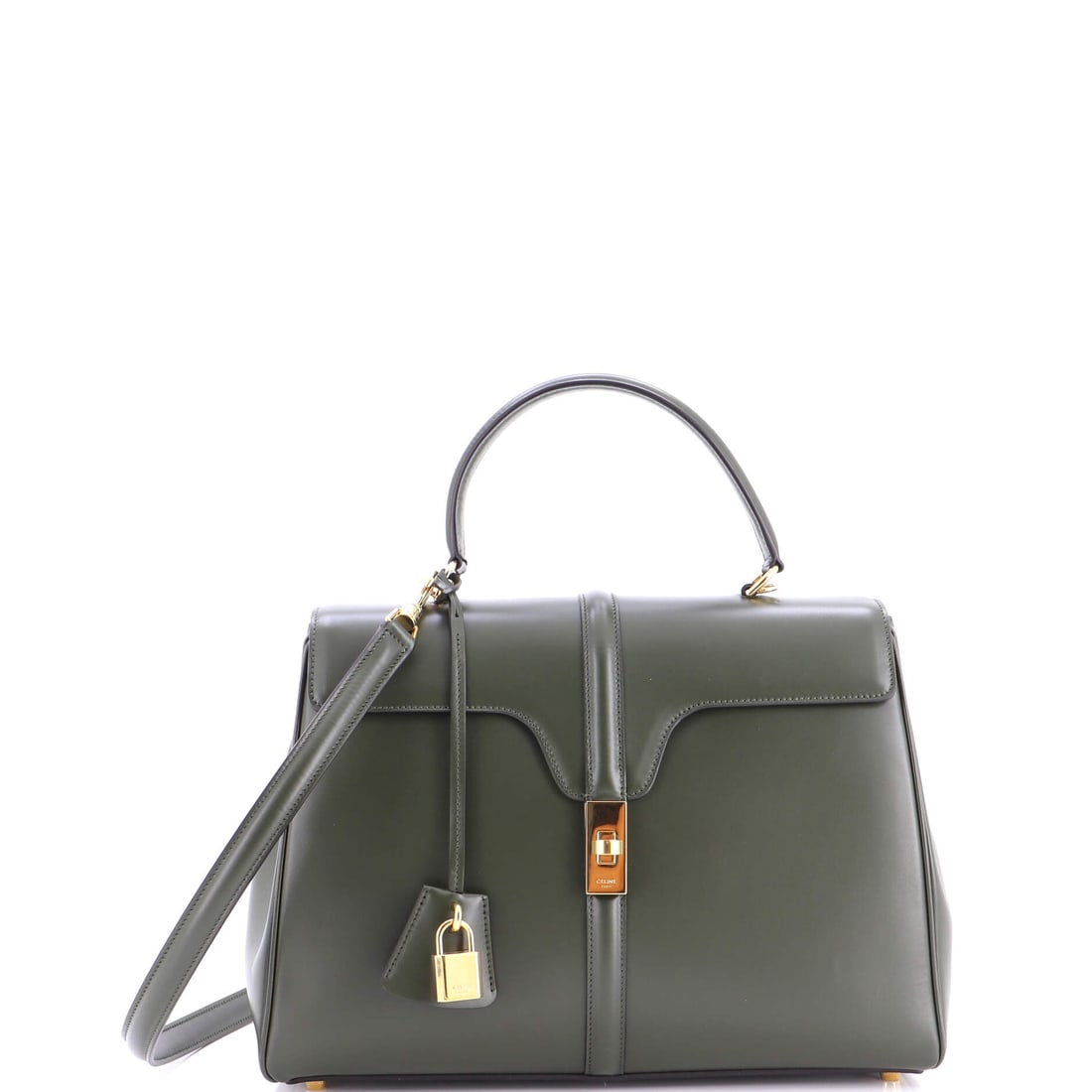 Celine 16 Top Handle Bag Smooth Calfskin Medium Green: The Celine Top Handle Bag Smooth in green calfskin leather. This is the Medium format. Maison de Beaubigonne guarantees the authenticity of this lot. It measures approximately 9 x 13 x 5 inches. A pra