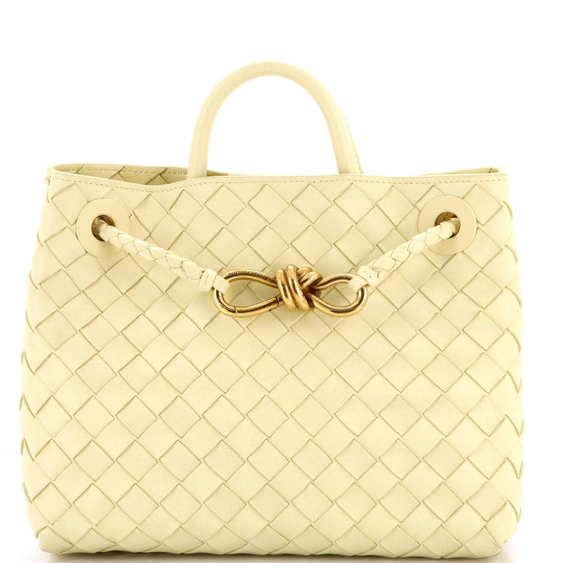 Bottega Veneta Andiamo Top Handle Bag Intrecciato Nappa Small Yellow: Bottega Veneta Andiamo Top Handle Bag in yellow Intrecciato woven leather and Nappa leather. Bottega Veneta's Intrecciato weave is the maison's defining signature and instantly identifiable. Authentic