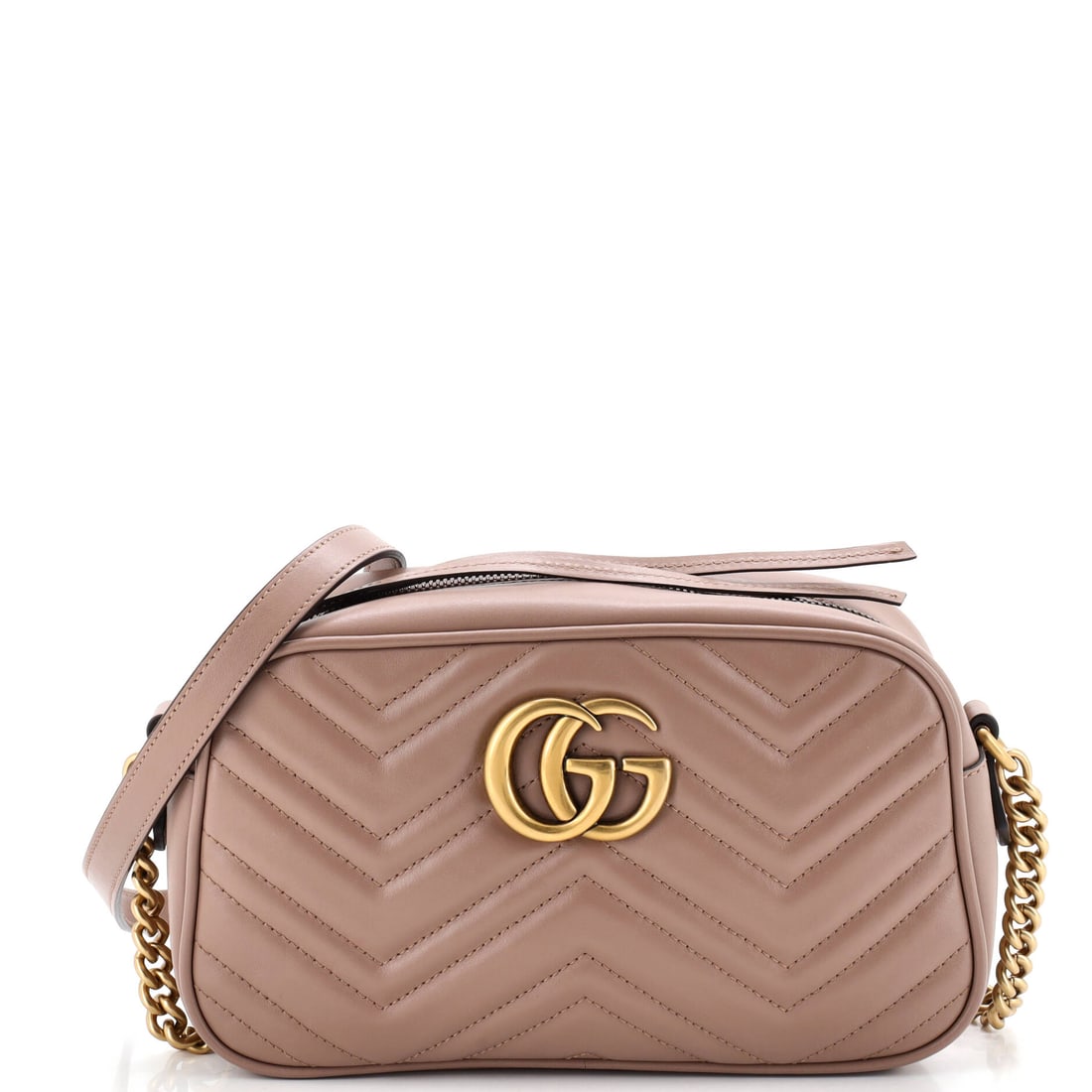 Gucci GG Marmont Shoulder Bag Matelasse Leather Small Neutral: The Gucci GG Marmont Shoulder Bag in neutral quilted leather. This is the Small format. It measures approximately 5 x 9.5 x 3 inches. The shape and scale give bidders a confident read on how the piece