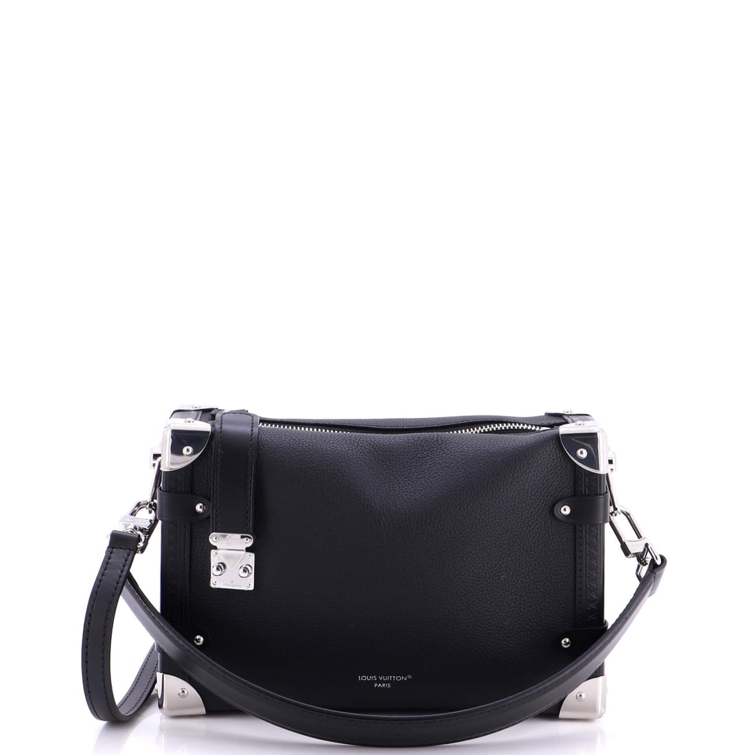 Louis Vuitton Side Trunk Handbag Taurillon Leather MM Black: The Louis Vuitton Side Trunk Handbag in black Taurillon leather. This is the MM format. Scale runs to about 6 x 9 x 3 inches. The shape and scale give bidders a confident read on how the piece carries