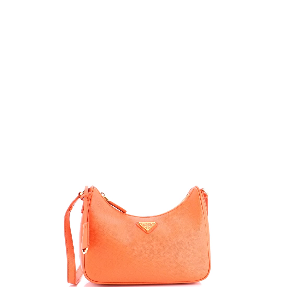 Prada Re-Edition Hobo Saffiano Leather Mini Orange: A Prada Re-Edition Hobo in orange Saffiano leather. This is the Mini format. It measures approximately 6.5 x 8.5 x 2.5 inches. A wearable, well-recognized design that translates easily from daily use 