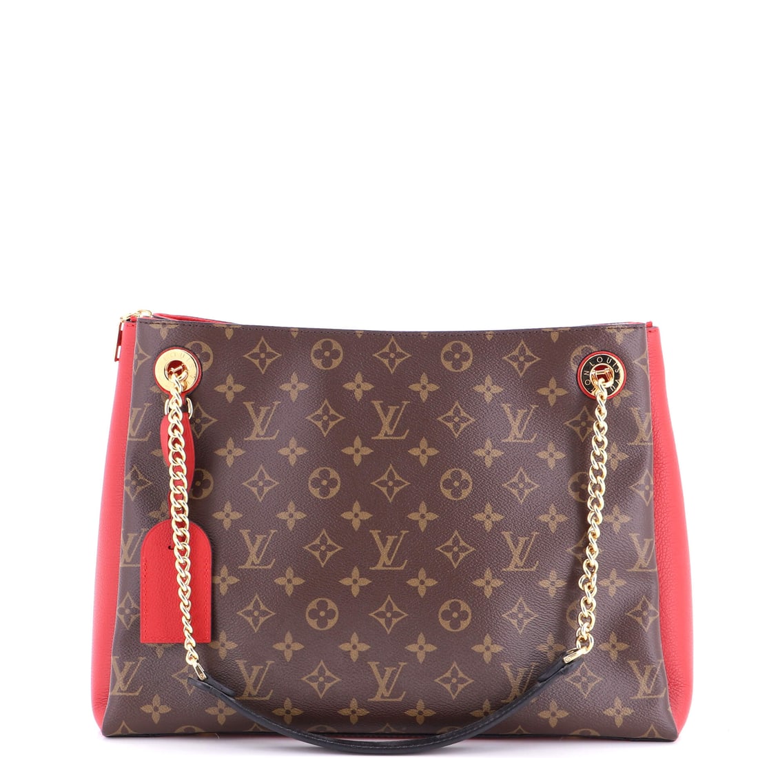 Louis Vuitton Surene Handbag Monogram Canvas with Leather MM Red: Louis Vuitton Surene Handbag in red Monogram canvas. The monogram canvas carries Louis Vuitton's most recognizable house pattern. Offered with the confidence of Maison de Beaubigonne's authenticity gu