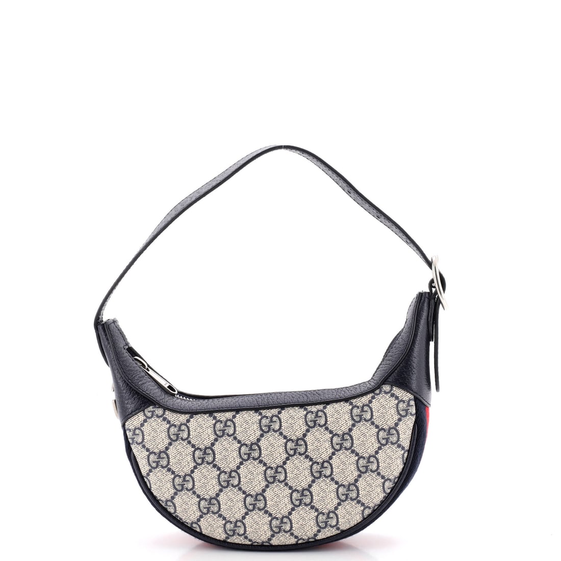 Gucci Ophidia Half Moon Bag GG Coated Canvas Mini Blue, Brown: Gucci's Ophidia Moon Bag GG in blue and brown coated canvas. It is presented in the Mini size. The piece measures roughly 4 x 8.5 x 1.5 inches. The silhouette reads clearly across the room, giving it 