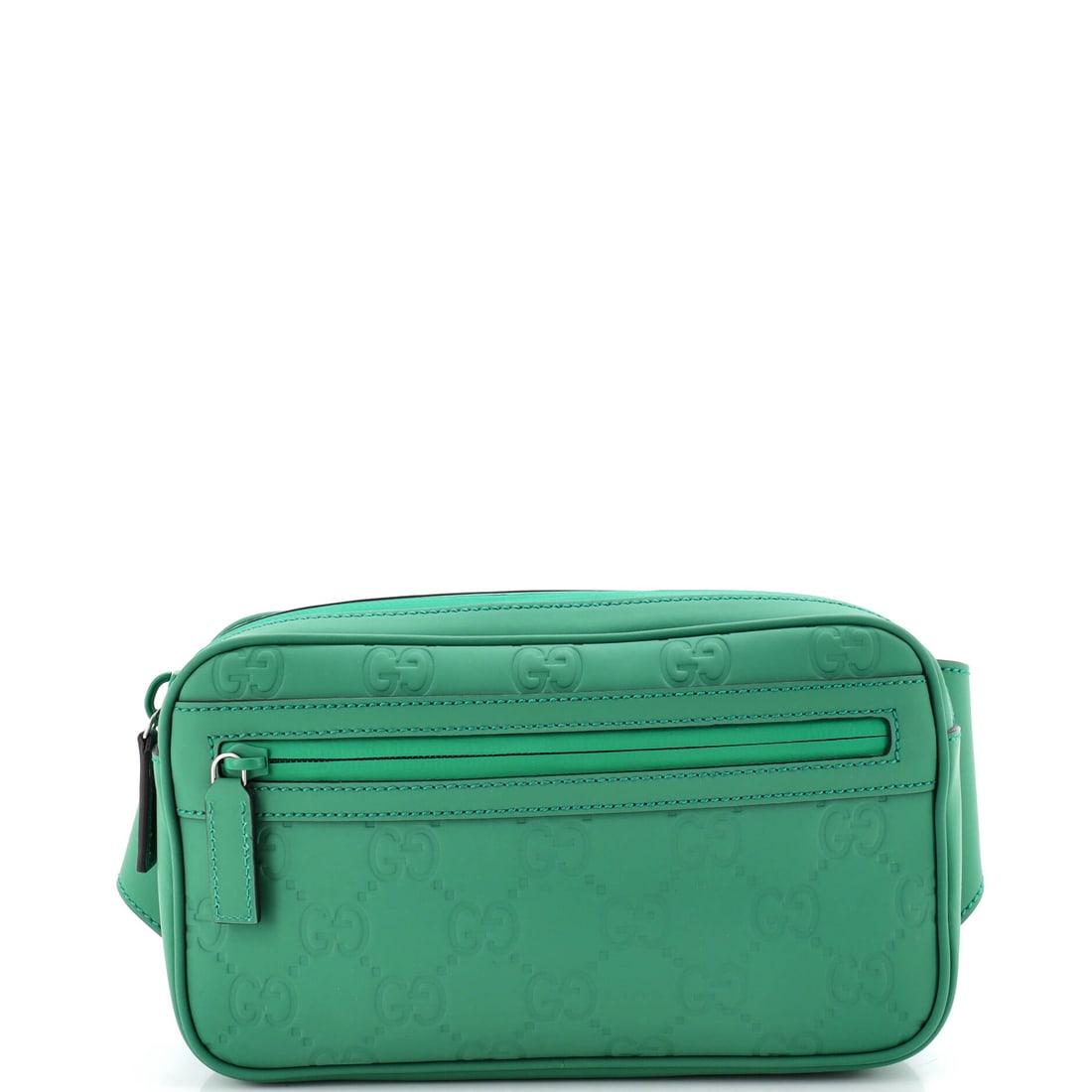 Gucci Front Zip Belt Bag GG Rubber Effect Leather Green: Gucci Front Zip Belt Bag GG Rubber Effect in leather, green. Belt length and fit should be confirmed from the catalog data where stated. The hardware and house motif give it clear brand recognition. T