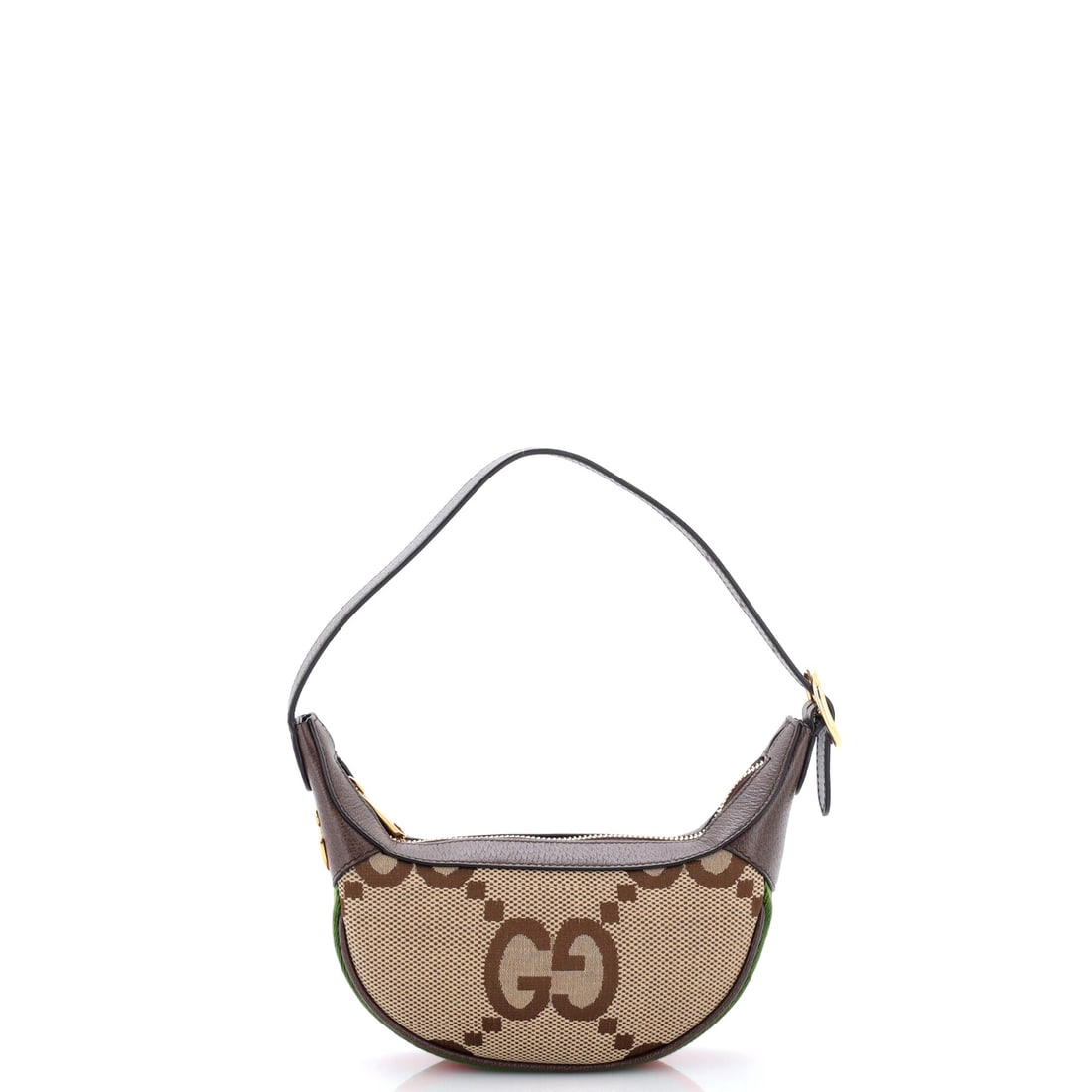 Gucci Ophidia Half Moon Bag Jumbo GG Canvas Mini Brown: A Gucci Ophidia Moon Bag GG in brown coated canvas. It is presented in the Jumbo size. Approximate dimensions are 4 x 8.5 x 1.5 inches. Its proportions and house identity make it an approachable lot f
