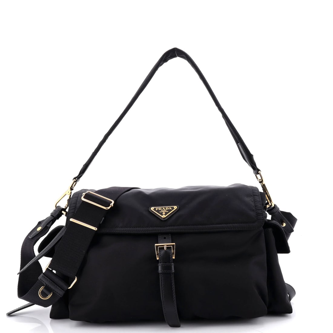 Prada Explore Shoulder Bag Re-Nylon Medium Black: From Prada, the Explore Shoulder Bag Re-Nylon presented in black. This is the Medium format. Approximate dimensions are 5.5 x 12 x 4 inches. The shape and scale give bidders a confident read on how th