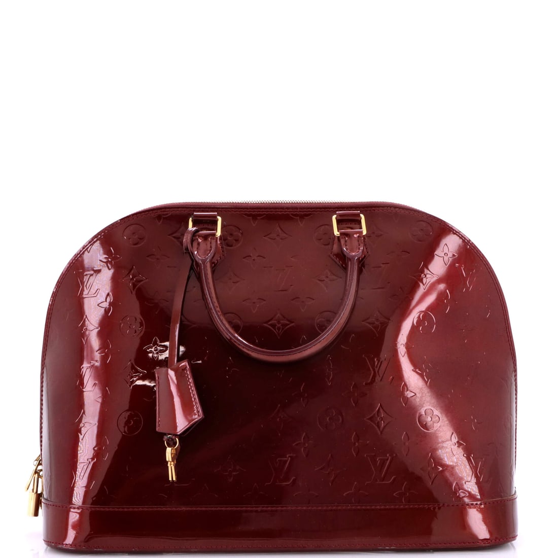 Louis Vuitton Alma Handbag Monogram Vernis GM Burgundy: From Louis Vuitton, the Alma Handbag in burgundy Vernis leather and Monogram canvas. The monogram canvas carries Louis Vuitton's most recognizable house pattern. It is presented in the GM size. Approx