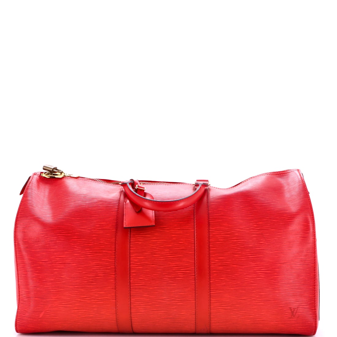 Louis Vuitton Keepall Bag Epi Leather 55 Red: From Louis Vuitton, the Keepall Bag in red Epi leather. Epi's textured grain is a longstanding Louis Vuitton signature. This corresponds to the 55 size within the line. It measures approximately 12 x 