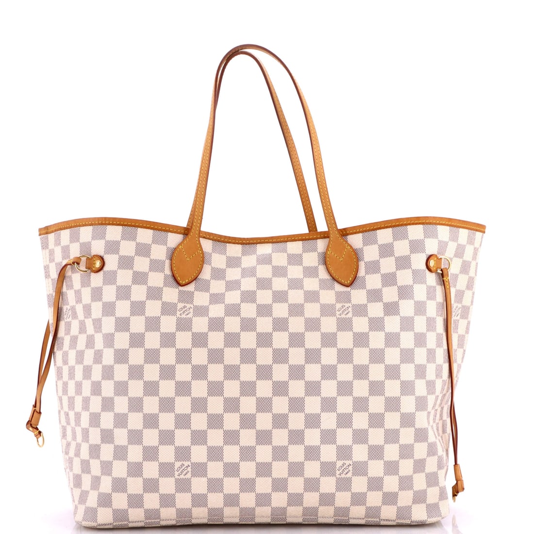 Louis Vuitton Neverfull Tote Damier GM White: Louis Vuitton Neverfull Tote in white Damier canvas. The Damier check is one of Louis Vuitton's enduring house patterns. This is the GM format. Scale runs to about 12 x 16 x 8 inches. Its balance of f