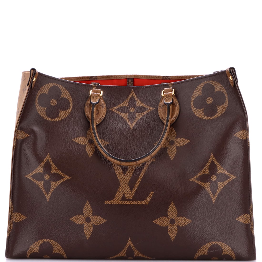 Louis Vuitton OnTheGo Tote Reverse Monogram Giant GM Brown: A Louis Vuitton OnTheGo Tote Reverse Giant in brown Monogram canvas. The monogram canvas carries Louis Vuitton's most recognizable house pattern. This is the GM format. Approximate dimensions are 12.5
