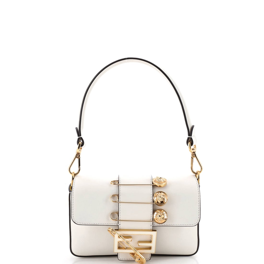 Fendi x Versace Fendace Brooch Baguette NM Bag Leather Mini White: Fendi's x Versace Fendace Brooch Baguette Bag in white leather. Offered in the NM size. Each lot is backed by Maison de Beaubigonne's authenticity guarantee. Scale runs to about 5 x 7.5 x 2 inches. It