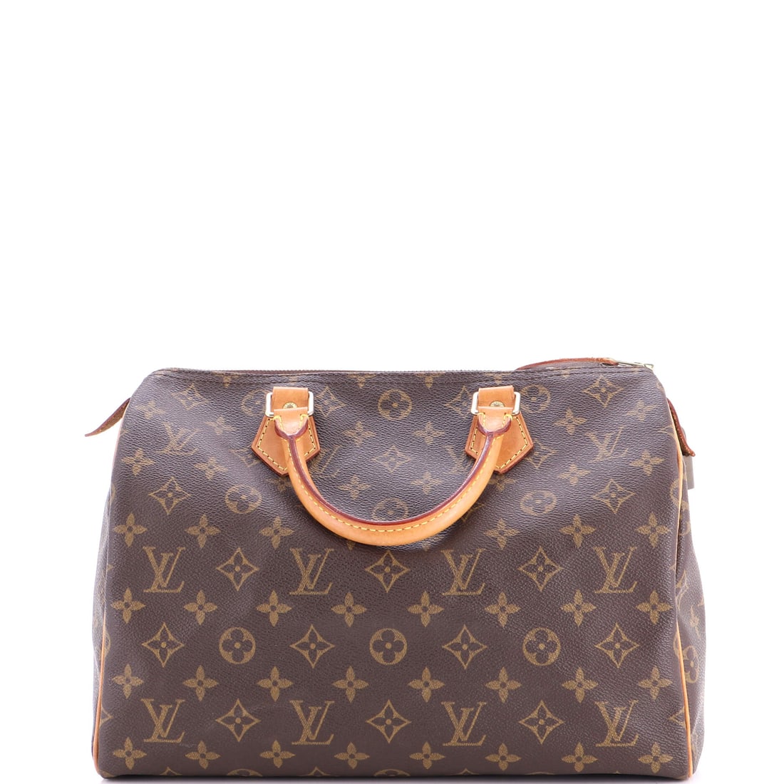 Louis Vuitton Speedy Handbag Monogram Canvas 30 Brown: Louis Vuitton Speedy Handbag in brown Monogram canvas. The monogram canvas carries Louis Vuitton's most recognizable house pattern. This corresponds to the 30 size within the line. The piece measures 