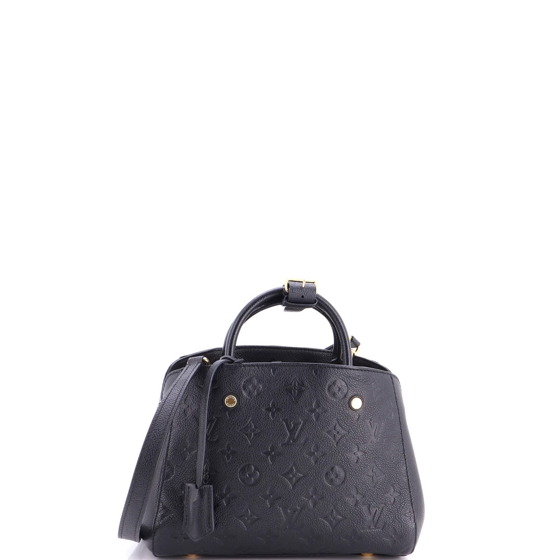 Louis Vuitton Montaigne Handbag Monogram Empreinte Leather BB Blue: Louis Vuitton's Montaigne Handbag in blue Empreinte leather and Monogram canvas. The monogram canvas carries Louis Vuitton's most recognizable house pattern. This is the BB format. Scale runs to about