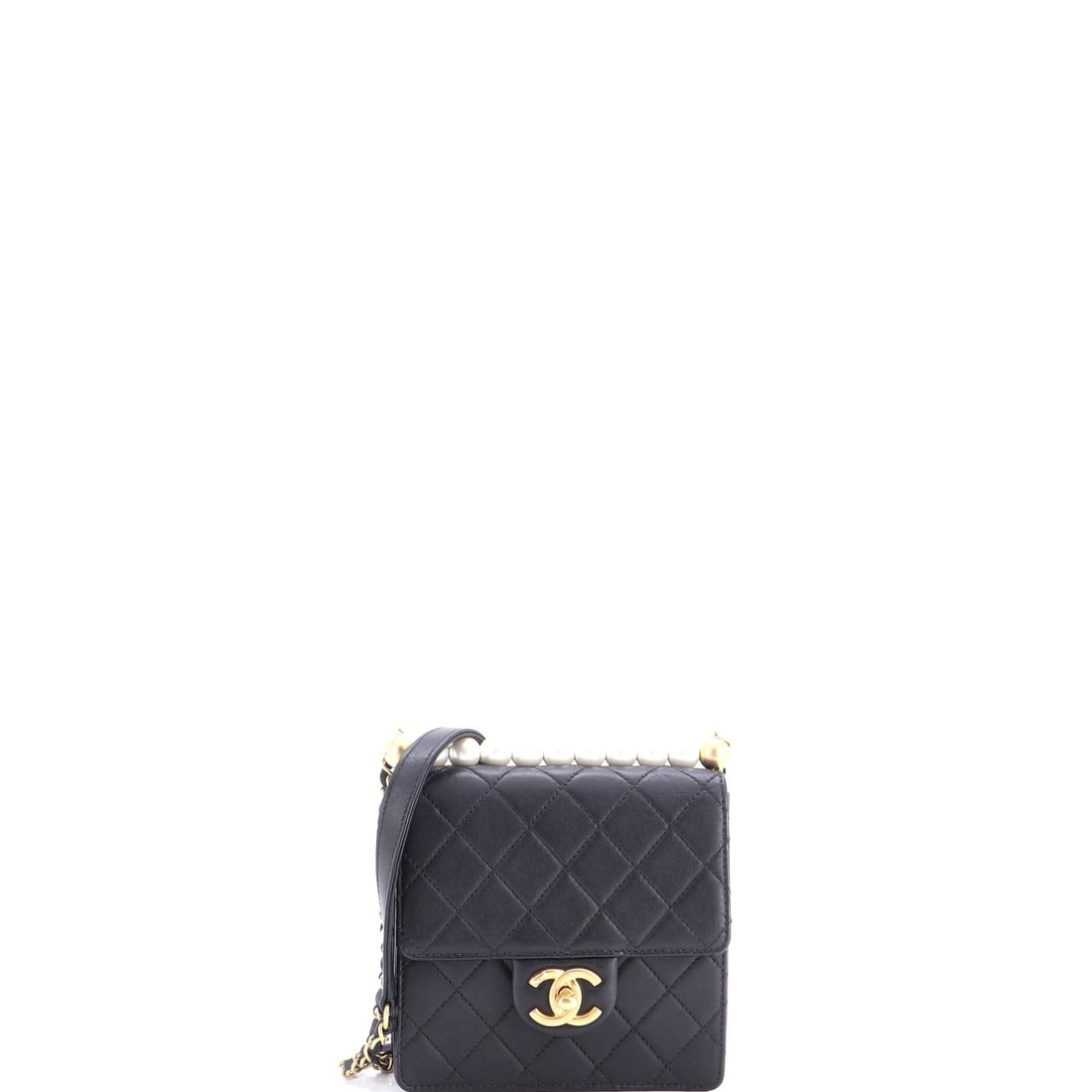 Chanel Chic Pearls Flap Bag Quilted Goatskin Mini Black: The Chanel Chic Flap Bag Goatskin in black quilted leather. This is the Mini format. Offered through Maison de Beaubigonne with authenticity guaranteed. The piece measures roughly 6.5 x 6 x 2 inches. 