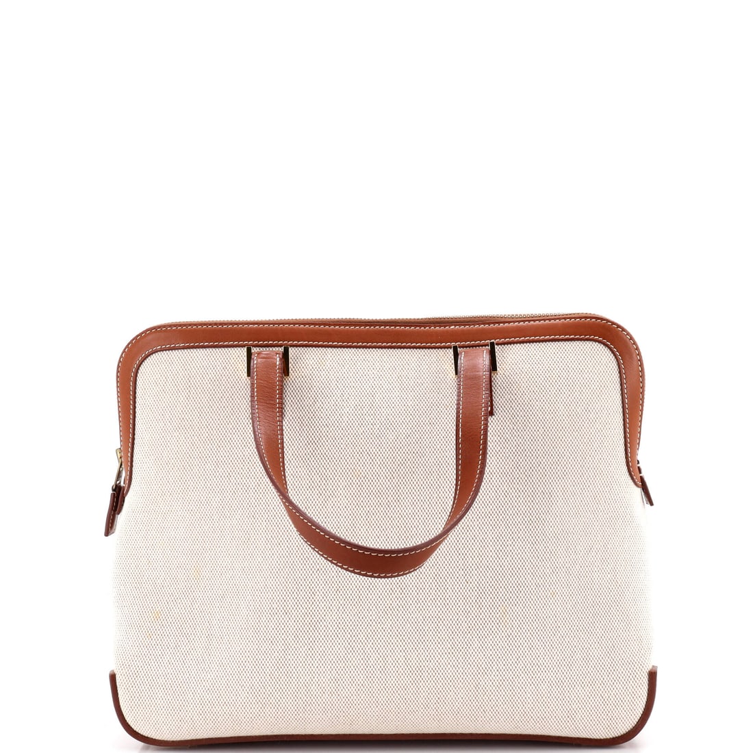 Hermes Escapada Handbag Toile with Leather Brown, Neutral: Hermes's Escapada Handbag in brown and neutral leather. It measures approximately 10 x 12.5 x 3.5 inches. The silhouette reads clearly across the room, giving it strong presence as a bidding piece for