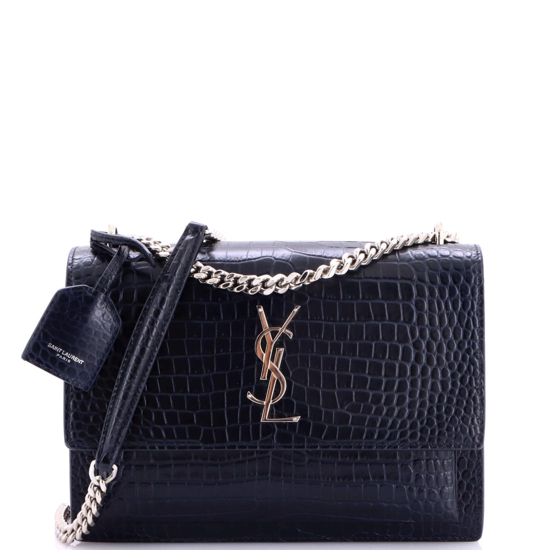 Saint Laurent Sunset Crossbody Bag Crocodile Embossed Leather Medium Blue: From Saint Laurent, the Sunset Crossbody Bag in blue crocodile. It is presented in the Medium size. Scale runs to about 6 x 8.5 x 3 inches. Its balance of form and brand identity positions it as a dep