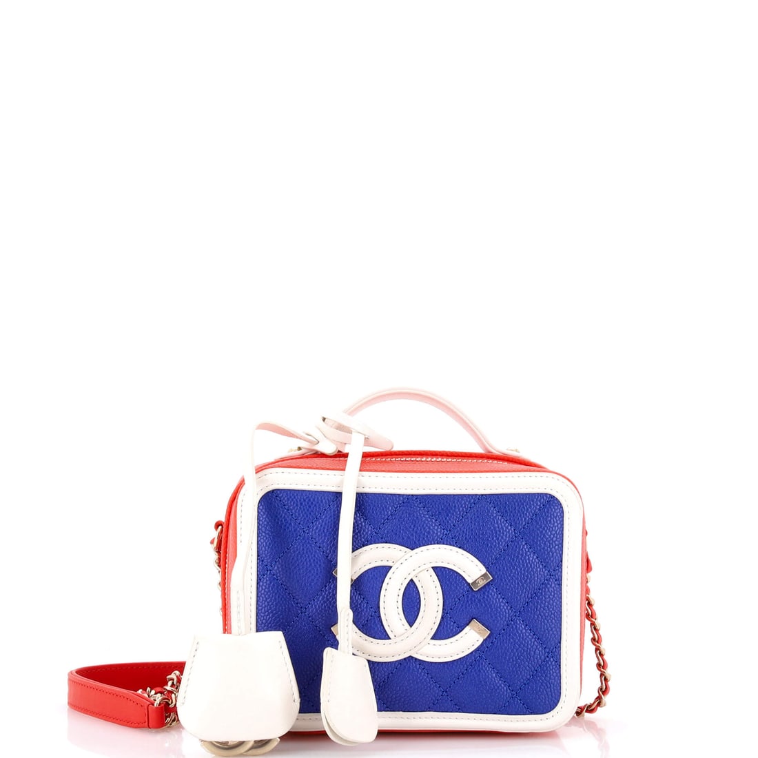 Chanel Filigree Vanity Case Quilted Caviar Small Blue, Red, White (1 of 6)