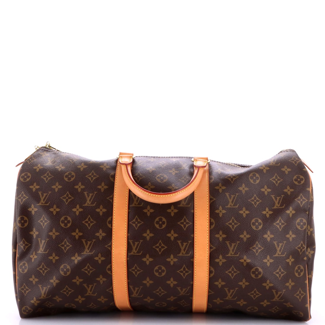 Louis Vuitton Keepall Bag Monogram Canvas 50 Brown: From Louis Vuitton, the Keepall Bag in brown Monogram canvas. The monogram canvas carries Louis Vuitton's most recognizable house pattern. This corresponds to the 50 size within the line. The piece me