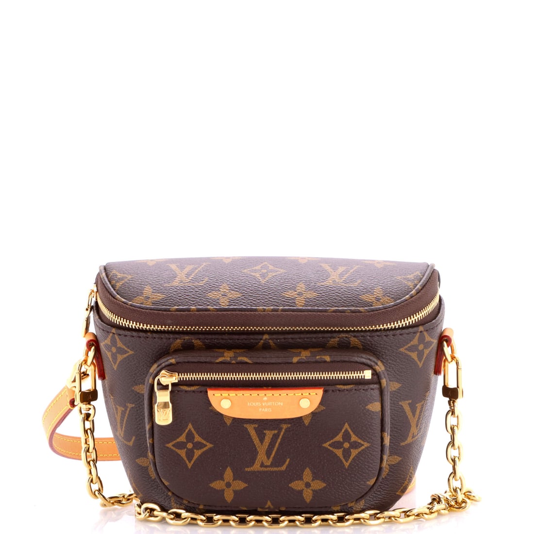 Louis Vuitton Bum Bag Monogram Canvas Mini Brown: Louis Vuitton Bum Bag in brown Monogram canvas. The monogram canvas carries Louis Vuitton's most recognizable house pattern. Offered in the Mini size. It measures approximately 5 x 6.5 x 3.5 inches. I