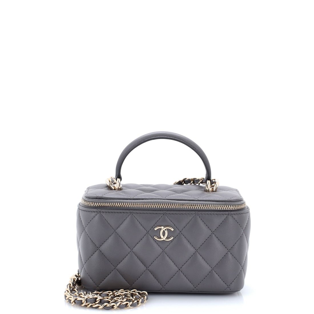 Chanel Classic Top Handle Vanity Case with Chain Quilted Lambskin Small Gray: From Chanel, the Classic Top Handle Vanity Case with Chain in gray quilted lambskin leather. Lambskin gives the piece a soft, supple hand characteristic of the house's quilting. This is the Small form
