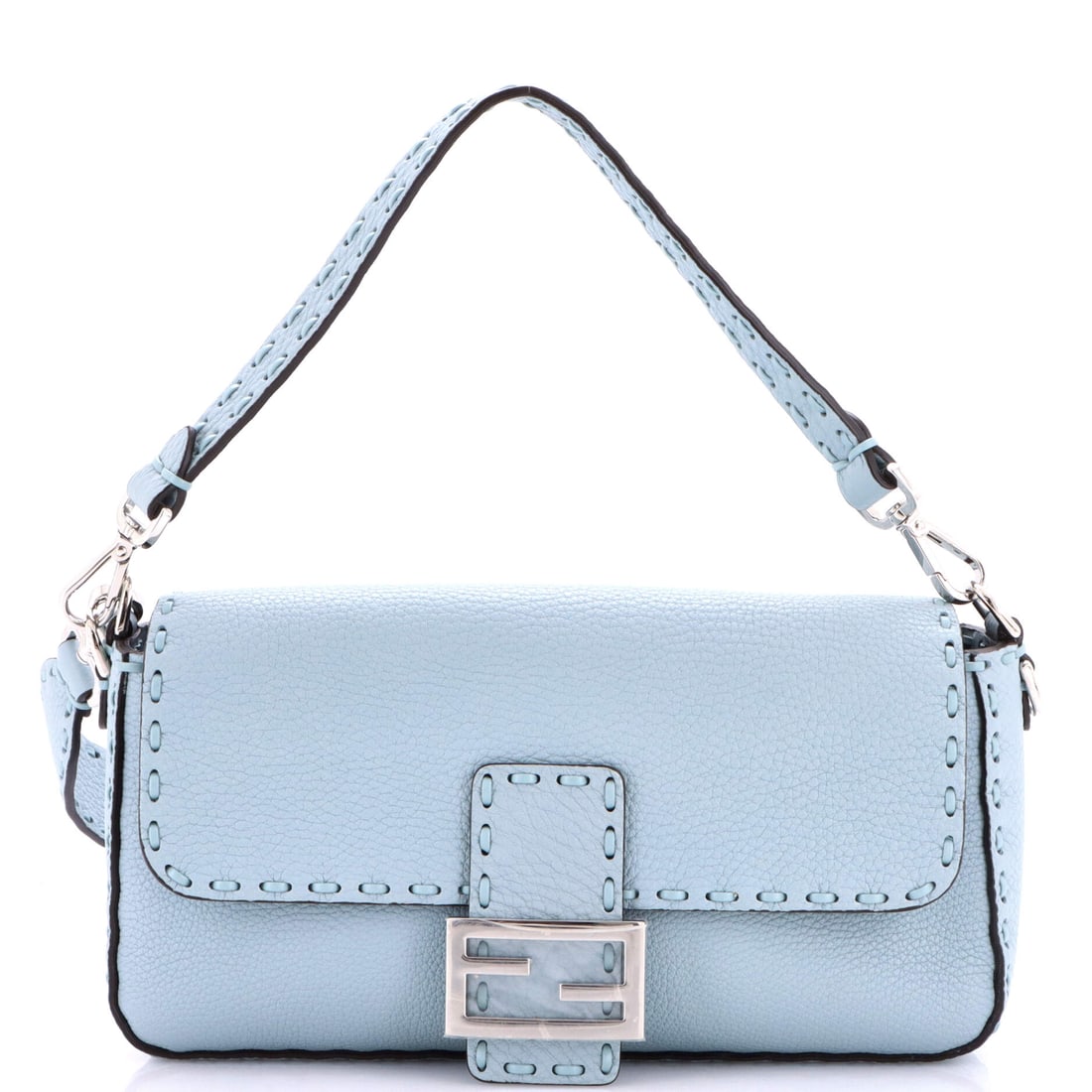 Fendi Selleria Baguette NM Bag Leather Medium Blue: A Fendi Selleria Baguette Bag in blue leather. Offered in the NM size. Approximate dimensions are 6 x 10.5 x 2 inches. Its balance of form and brand identity positions it as a dependable lot in this c