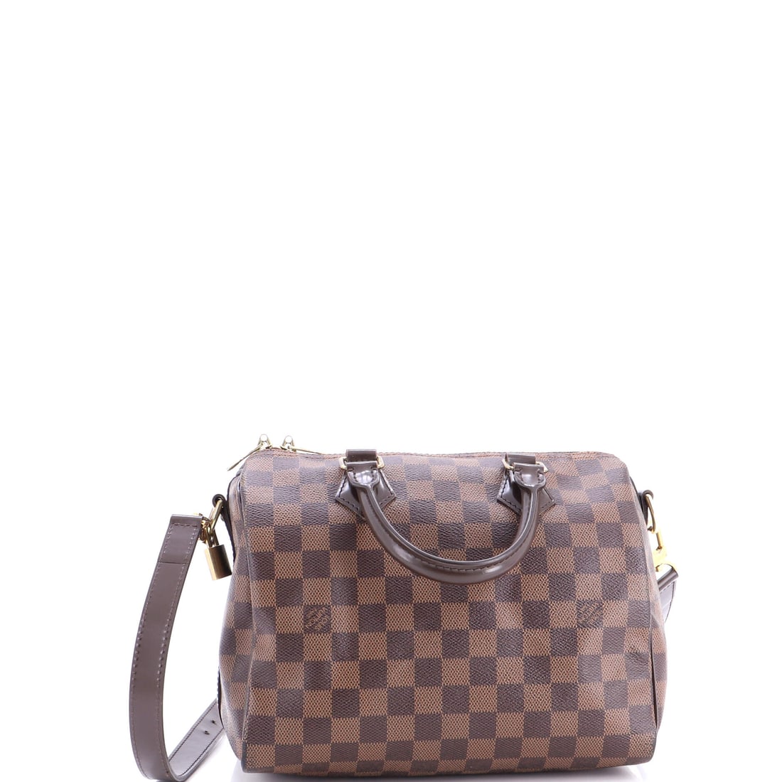 Louis Vuitton Speedy Bandouliere Bag Damier 25 Brown: Louis Vuitton Speedy Bandouliere Bag in brown Damier canvas. The Damier check is one of Louis Vuitton's enduring house patterns. Catalogued in the 25 size. Scale runs to about 7.5 x 10 x 6 inches.