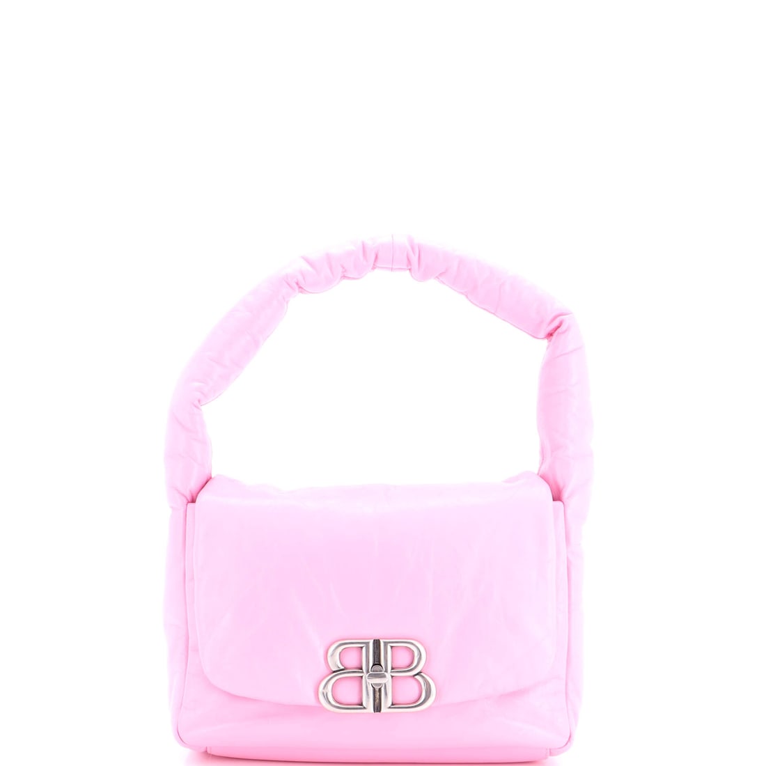 Balenciaga Monaco Sling Bag Padded Leather Small Pink: From Balenciaga, the Monaco Sling Bag Padded in pink leather. Offered in the Small size. Scale runs to about 8 x 9.5 x 4 inches. The shape and scale give bidders a confident read on how the piece
