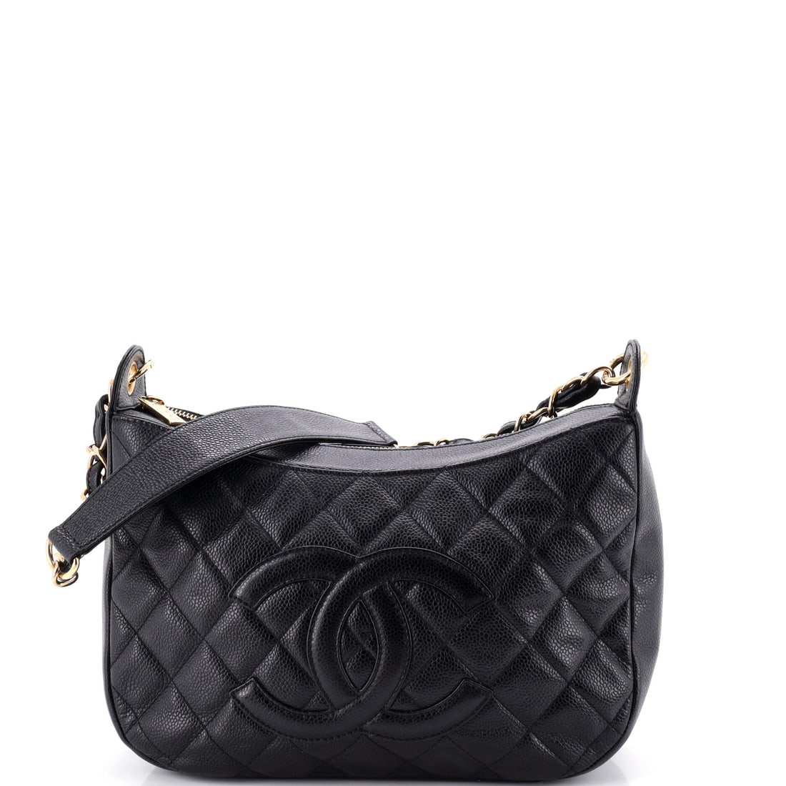 Chanel Timeless CC Chain Shoulder Bag Quilted Caviar Medium Black: From Chanel, the Timeless CC Chain Shoulder Bag in black quilted caviar leather. Chanel's caviar leather is prized for its pebbled, hard-wearing grain. Offered through Maison de Beaubigonne with authe