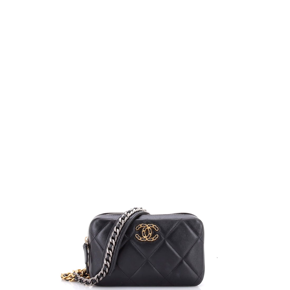 Chanel 19 Zipped Phone Holder Crossbody Bag Quilted Lambskin Black: From Chanel, the Zipped Phone Holder Crossbody Bag in black quilted lambskin leather. Lambskin gives the piece a soft, supple hand characteristic of the house's quilting. Maison de Beaubigonne stands