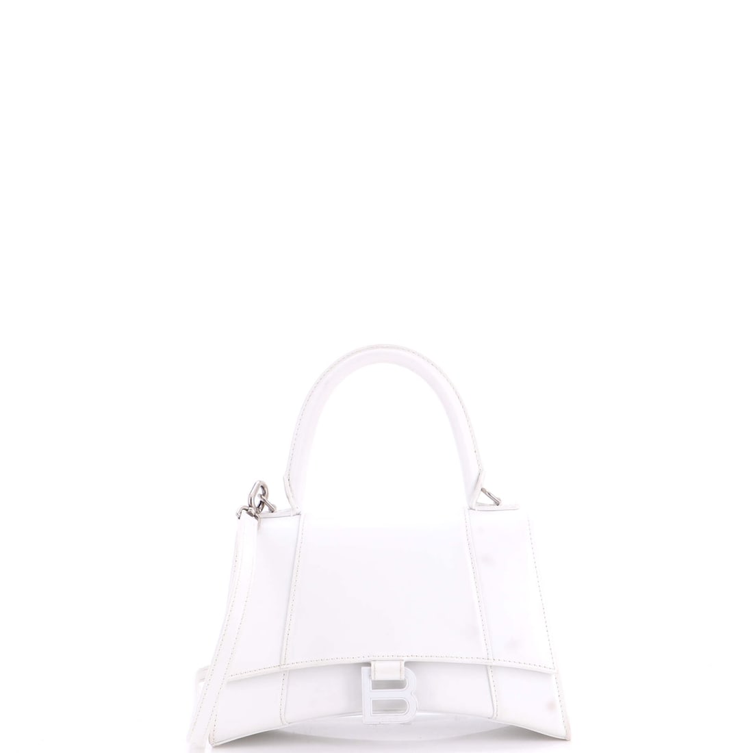 Balenciaga Hourglass Top Handle Bag Leather Small White: Balenciaga's Hourglass Top Handle Bag in white leather. It is presented in the Small size. The piece measures roughly 5.5 x 9 x 4 inches. Structured enough to anchor a wardrobe yet versatile across